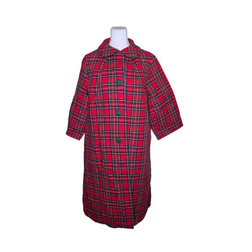 Vintage Charmode Christmas Plaid Quilted Housecoat Robe Womens Size L Red Green